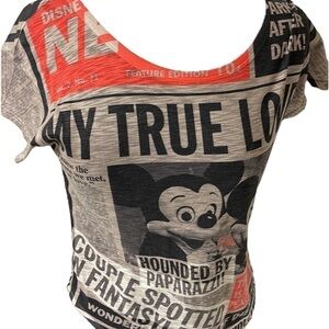 DISNEY Parks My True Love Mickey and Minnie Newspaper Print Shirt Women's